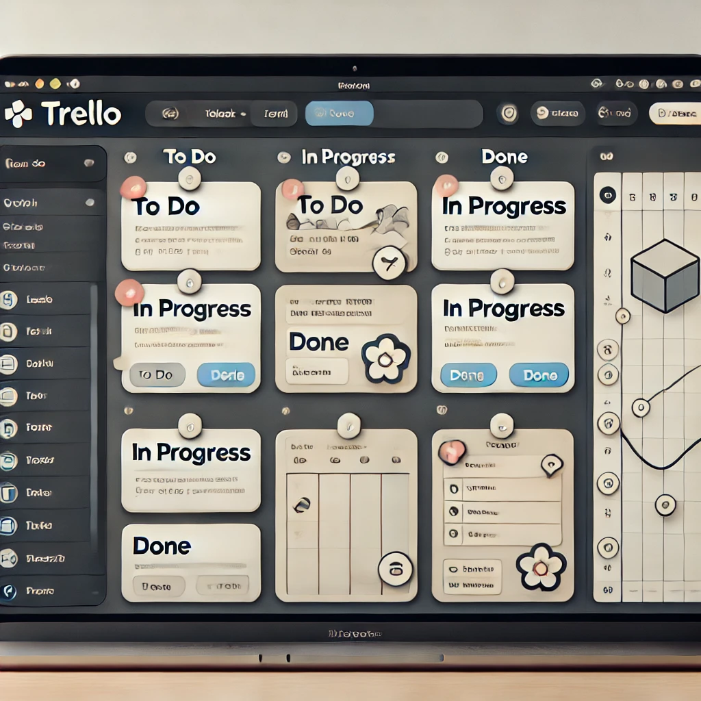 Interface do aplicativo Trello exibindo um quadro de gerenciamento de projetos com listas e cartões.