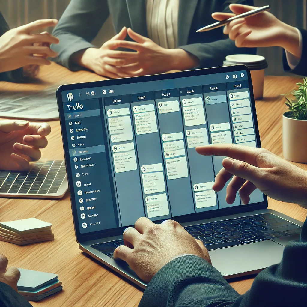Equipe colaborando em um projeto usando o Trello em um ambiente de escritório moderno.