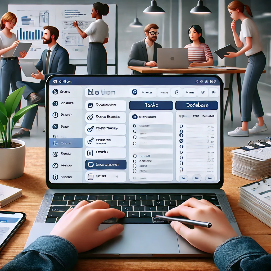 Equipe colaborando em um projeto utilizando o Notion em um ambiente de escritório moderno.