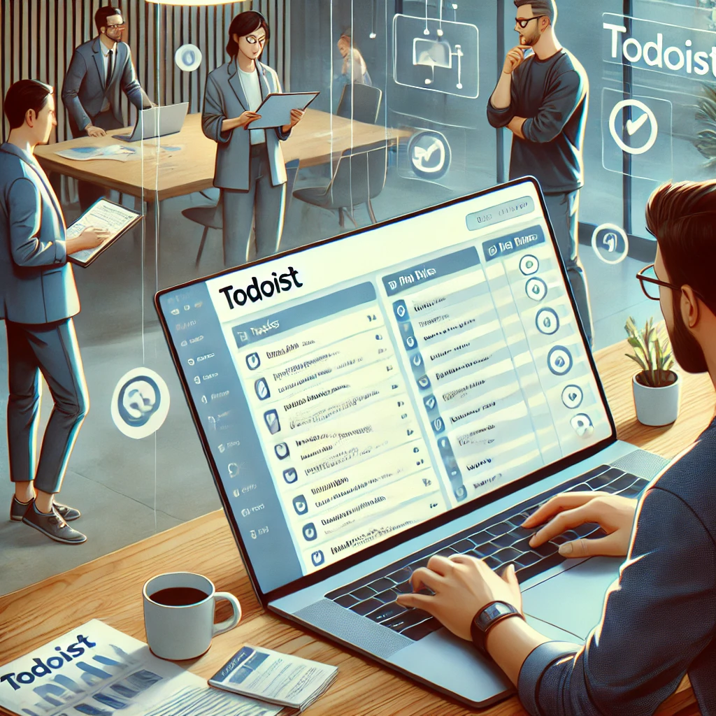 Equipe colaborando em um projeto utilizando o Todoist em um ambiente de trabalho moderno.