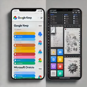 Interfaces dos aplicativos Google Keep e Microsoft OneNote lado a lado, comparando suas funcionalidades.