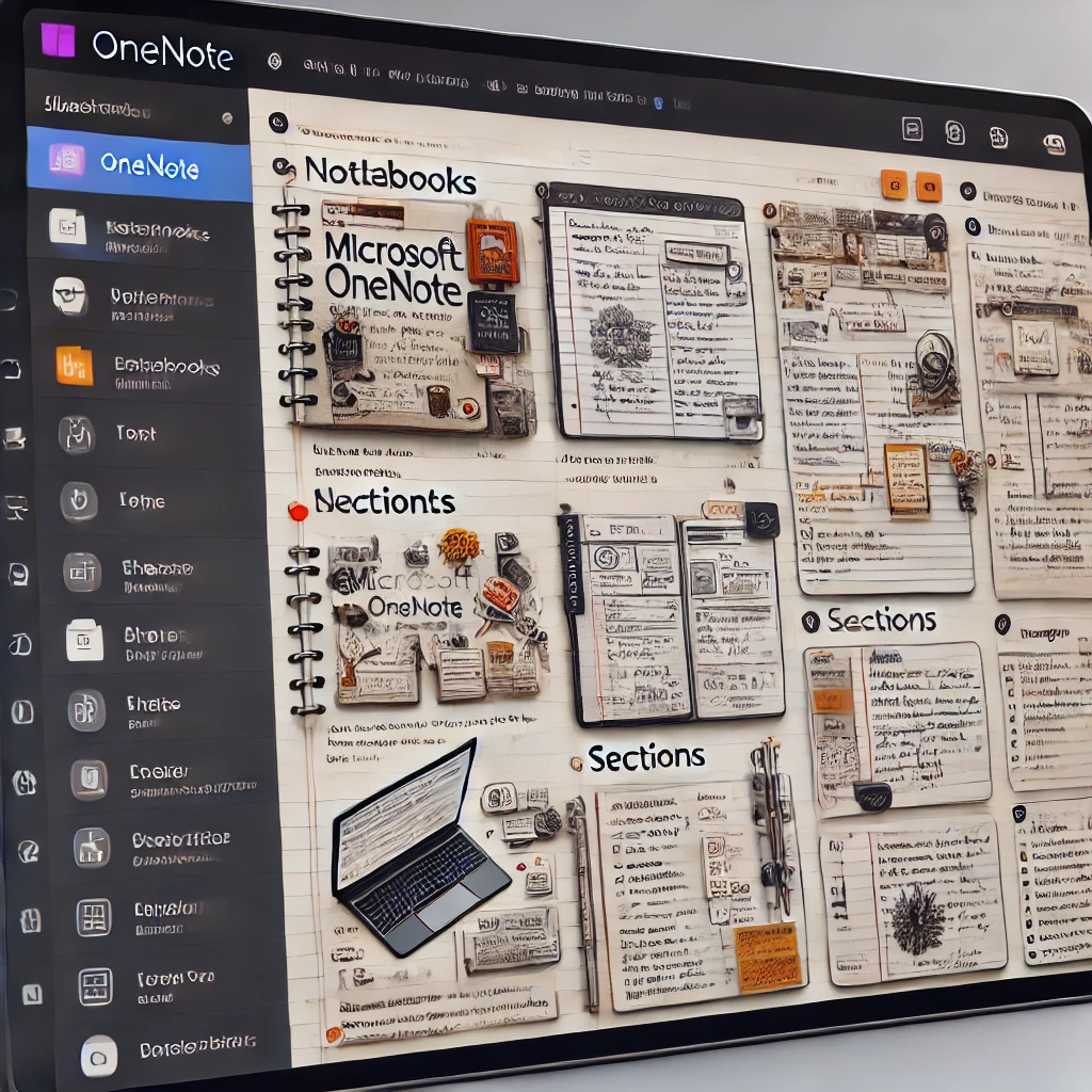 Interface do aplicativo Microsoft OneNote exibindo uma nota complexa organizada em cadernos e seções.