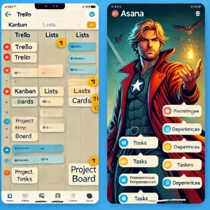 Comparação lado a lado das interfaces do Trello e do Asana, mostrando o quadro Kanban do Trello e o cronograma de projeto do Asana.