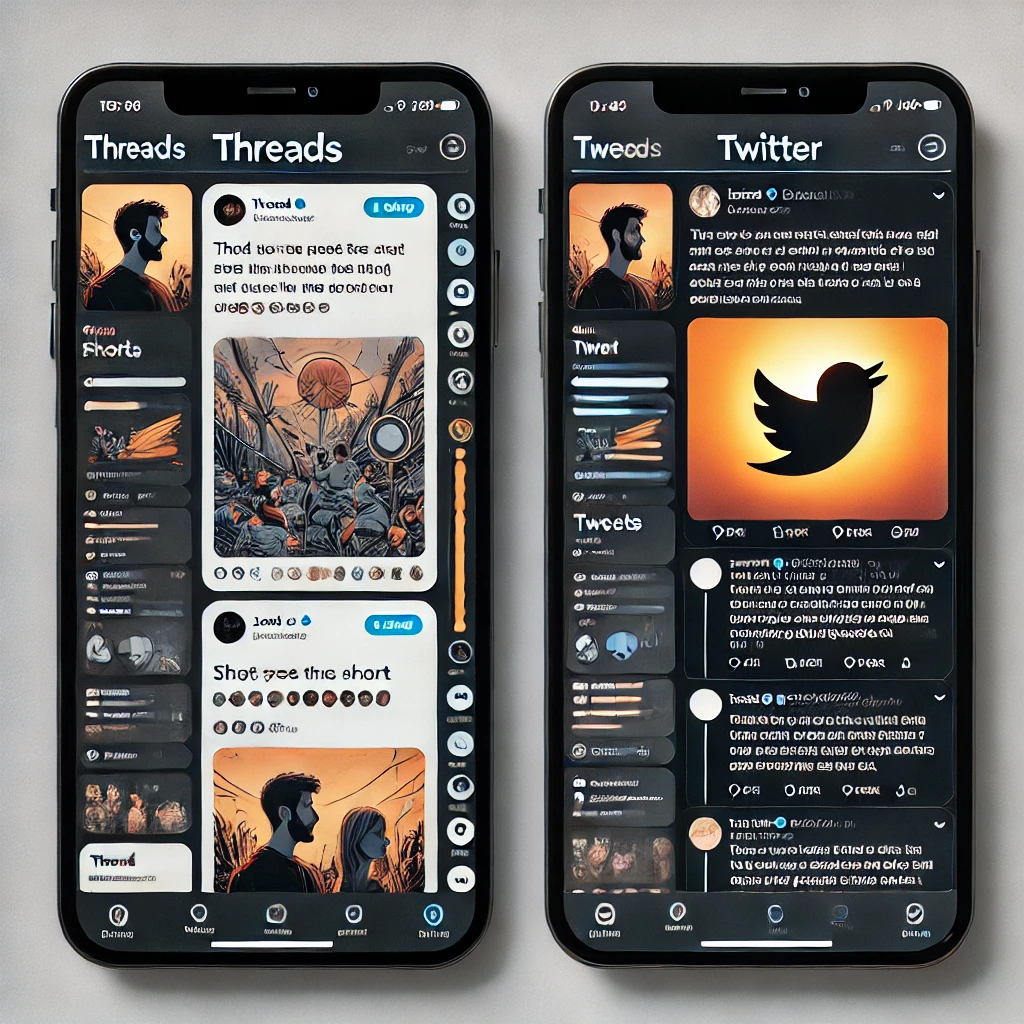 Comparação visual entre o Threads e o Twitter mostrando as interfaces de ambos os aplicativos.