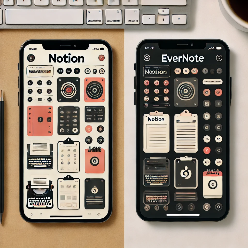 Comparação das interfaces do Notion e Evernote em dois dispositivos