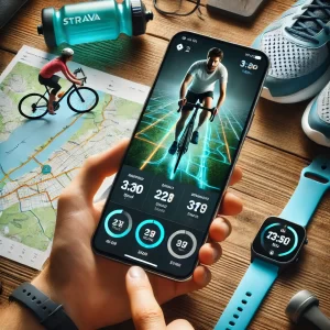 Interface do aplicativo Strava exibida em um smartphone, mostrando um corredor e um ciclista rastreando suas atividades, com dados de velocidade, distância e tempo.