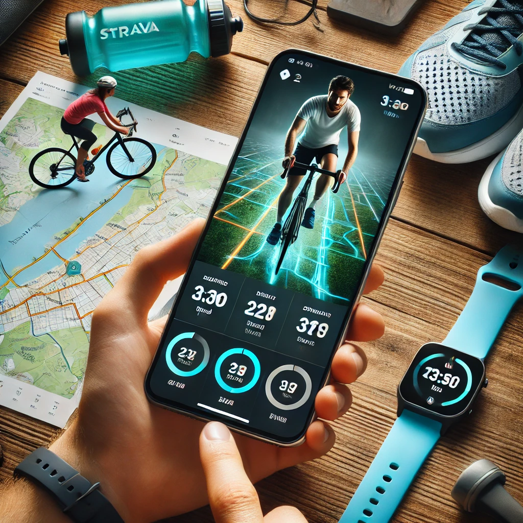 Interface do aplicativo Strava exibida em um smartphone, mostrando um corredor e um ciclista rastreando suas atividades, com dados de velocidade, distância e tempo.