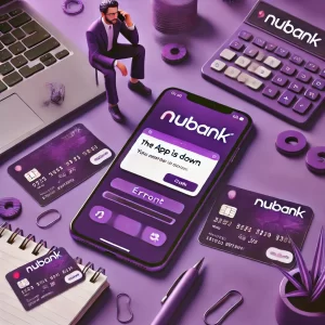 Tela do aplicativo Nubank com uma mensagem de erro em um smartphone, exibida em um esquema de cores roxo, que é a cor icônica do Nubank. Um usuário frustrado confere seu celular com itens financeiros como cartão de crédito e laptop ao fundo.