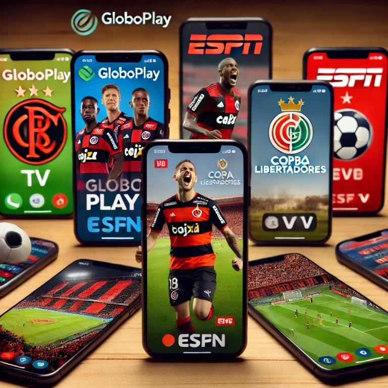 Telas de celulares exibindo plataformas de streaming como GloboPlay, ESPN e Conmebol TV, com o jogo Flamengo vs Peñarol disponível para assistir ao vivo.