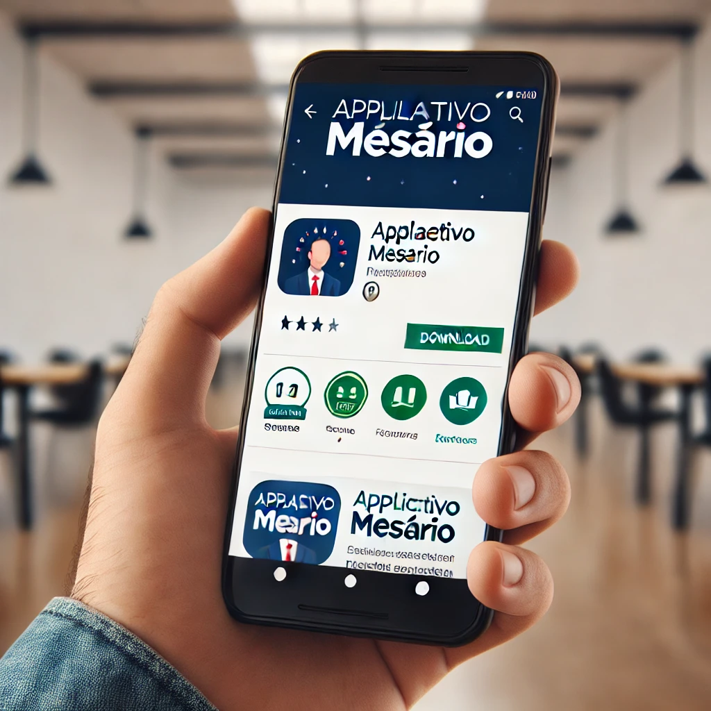 Um usuário visualizando a página do Aplicativo Mesário na Google Play Store, pronto para ser baixado.