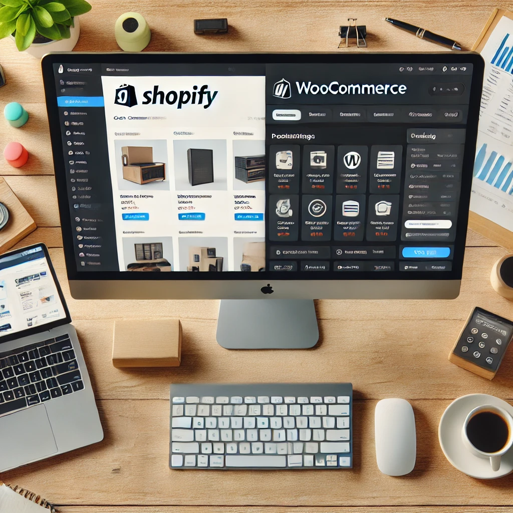 Comparação entre as plataformas de e-commerce Shopify e WooCommerce em uma mesa de trabalho, com interfaces de ambos os aplicativos exibidas em telas diferentes.