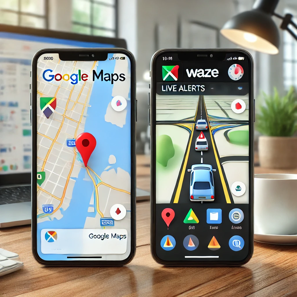 Interface do Google Maps e Waze lado a lado em um smartphone.