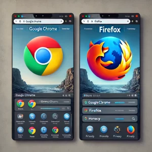 Comparação lado a lado das interfaces do Google Chrome e Firefox, destacando as diferenças e semelhanças.