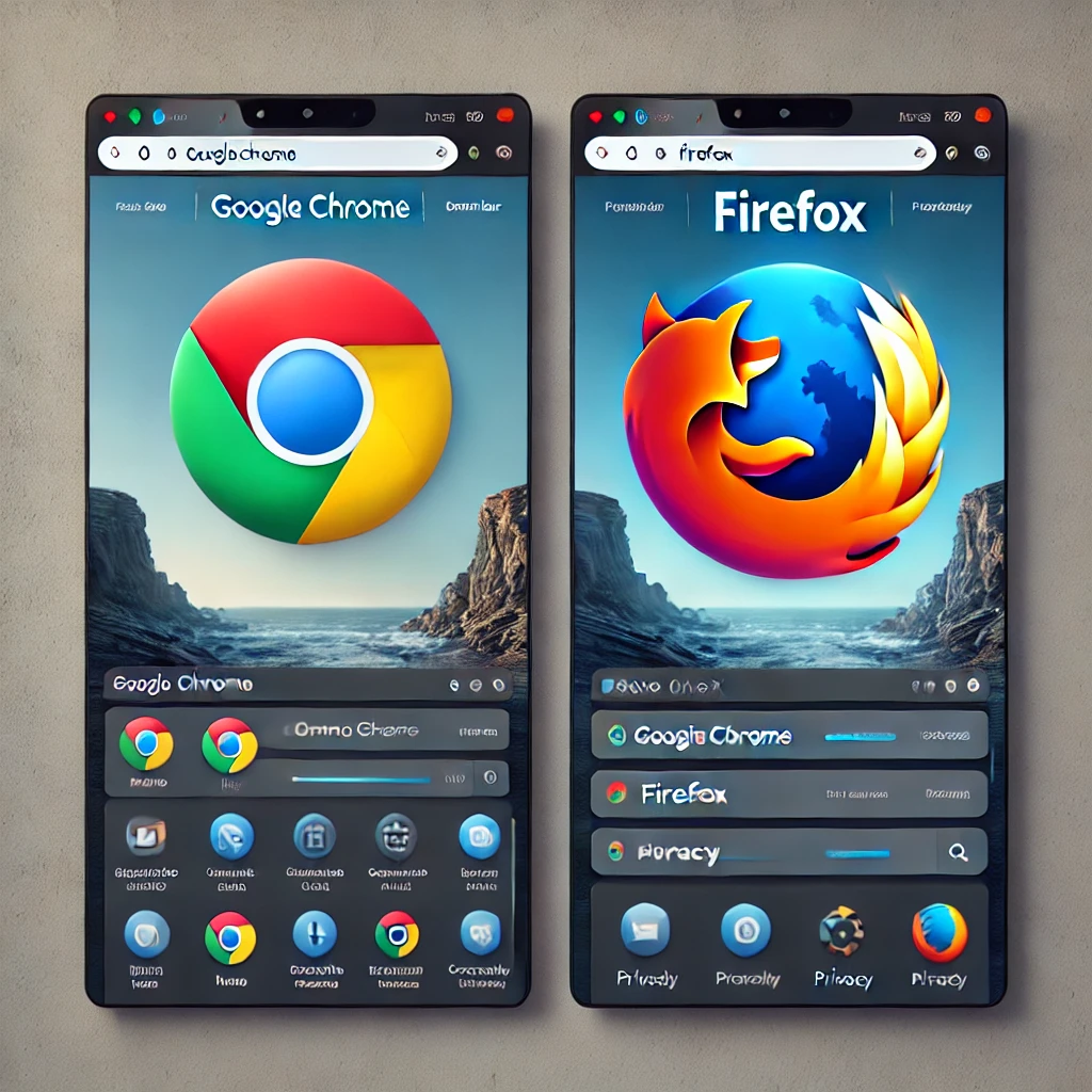 Comparação lado a lado das interfaces do Google Chrome e Firefox, destacando as diferenças e semelhanças.