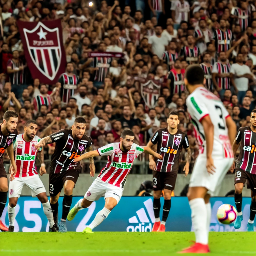 Jogadores de Fluminense e Atlético-MG em campo durante um jogo da Copa Libertadores 2024, disputando a bola em um momento intenso do confronto.