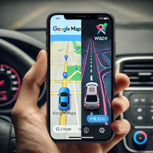 Comparação entre Google Maps e Waze em um smartphone.