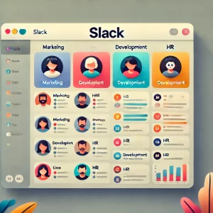 Interface de canais no Slack com diferentes equipes colaborando