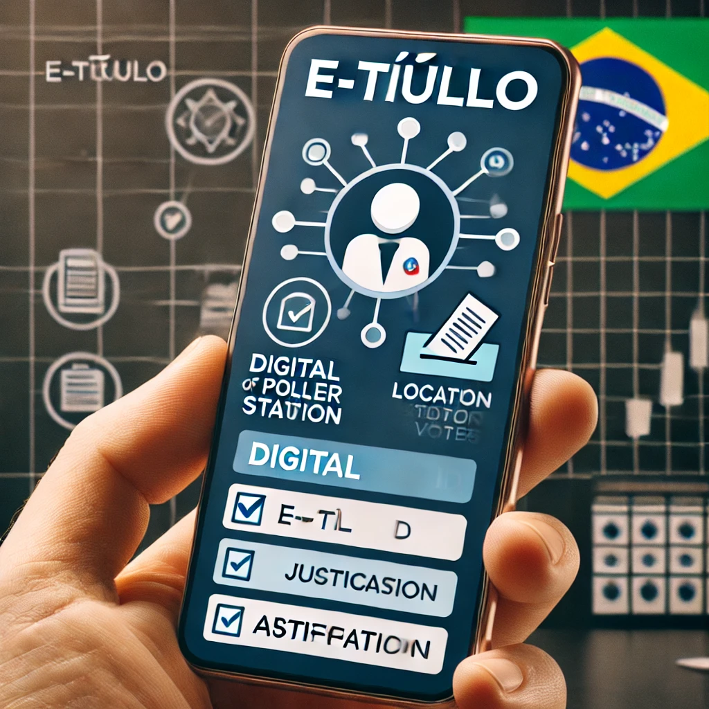 Interface do aplicativo e-Título em um smartphone, mostrando recursos como o título de eleitor digital, local de votação no mapa e formulário de justificativa eleitoral. Ao fundo, símbolos de democracia, como uma urna eletrônica e a bandeira do Brasil.