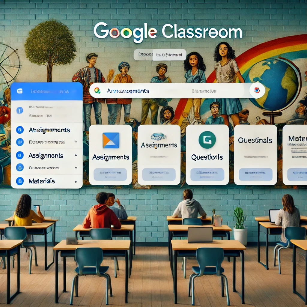 Interface do Google Classroom com um mural organizado e tema personalizado.