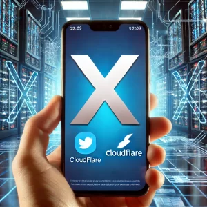 Um smartphone mostrando a tela do aplicativo X (ex-Twitter) em funcionamento, com o logotipo da Cloudflare visível, representando o uso de tecnologia para contornar o bloqueio judicial.