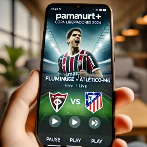 Tela de smartphone mostrando o aplicativo Paramount+ com o jogo Fluminense vs Atlético-MG sendo transmitido ao vivo.