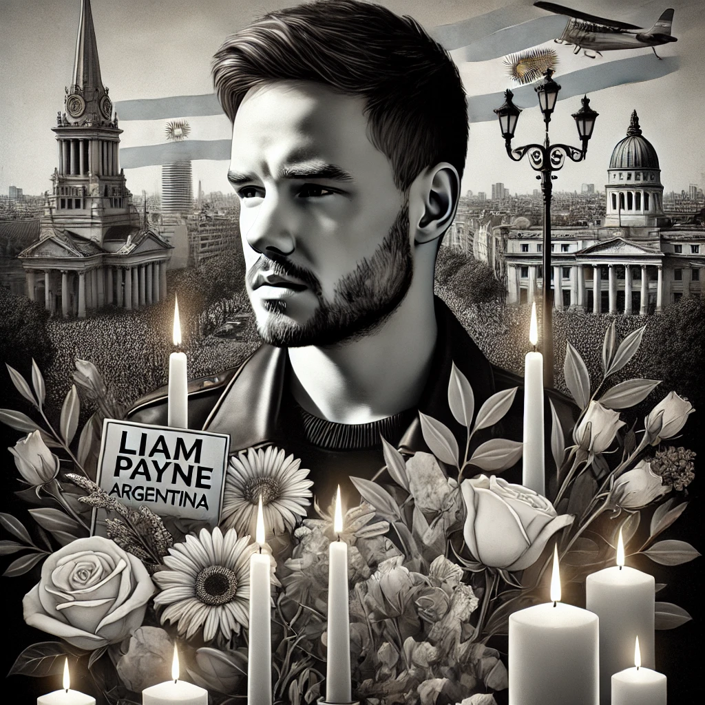 Imagem memorial de Liam Payne com fotografia em preto e branco, velas e flores, em um cenário que representa Buenos Aires, prestando homenagem ao cantor após sua morte.