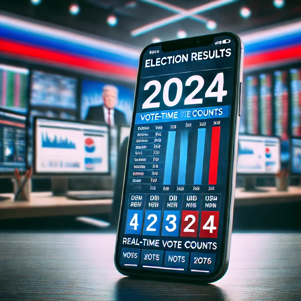 Um smartphone exibindo um aplicativo de apuração de resultados das eleições de 2024, mostrando contagens de votos em tempo real. Ao fundo, um estúdio de notícias ou escritório com uma tela de computador exibindo gráficos e dados eleitorais, destacando o acesso digital aos resultados das eleições.