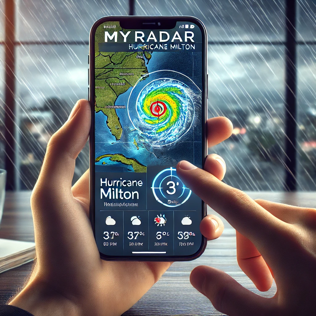 Ilustração de uma pessoa usando o aplicativo MyRadar no celular para rastrear o furacão Milton, com uma interface de radar mostrando o caminho do furacão.