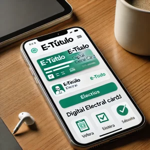 Tela de um smartphone exibindo o aplicativo E-título, com design verde e branco, mostrando uma carteira eleitoral digital. Ao fundo, uma mesa com um tablet moderno e uma xícara de café em um ambiente minimalista.