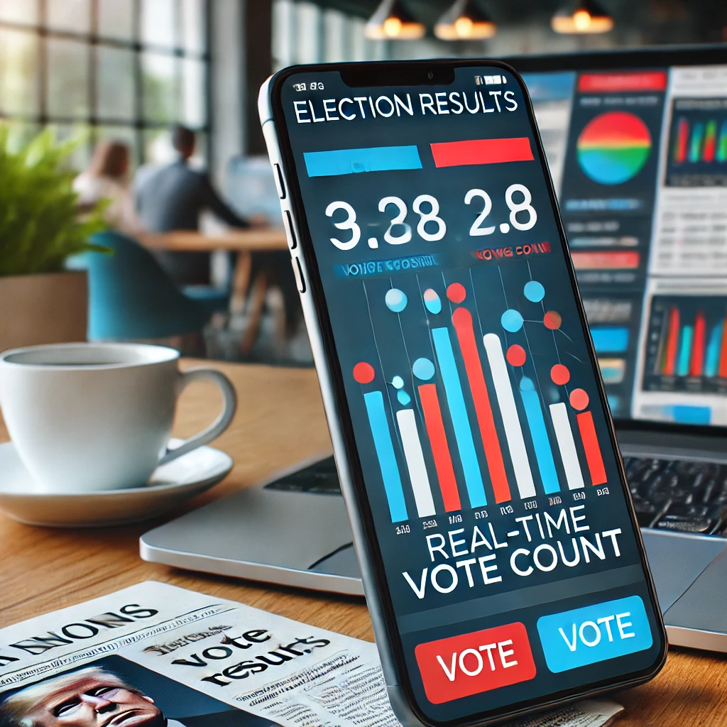 Um smartphone exibindo um aplicativo de acompanhamento de resultados eleitorais em tempo real, com uma interface colorida de contagem de votos. Ao fundo, uma mesa de escritório com um laptop aberto em notícias e uma xícara de café, destacando a conveniência de acompanhar as eleições por um dispositivo móvel.