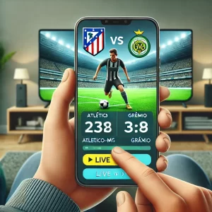 Ilustração digital de uma pessoa segurando um smartphone que exibe a transmissão ao vivo de um jogo entre Atlético-MG e Grêmio, com uma interface de aplicativo de futebol.