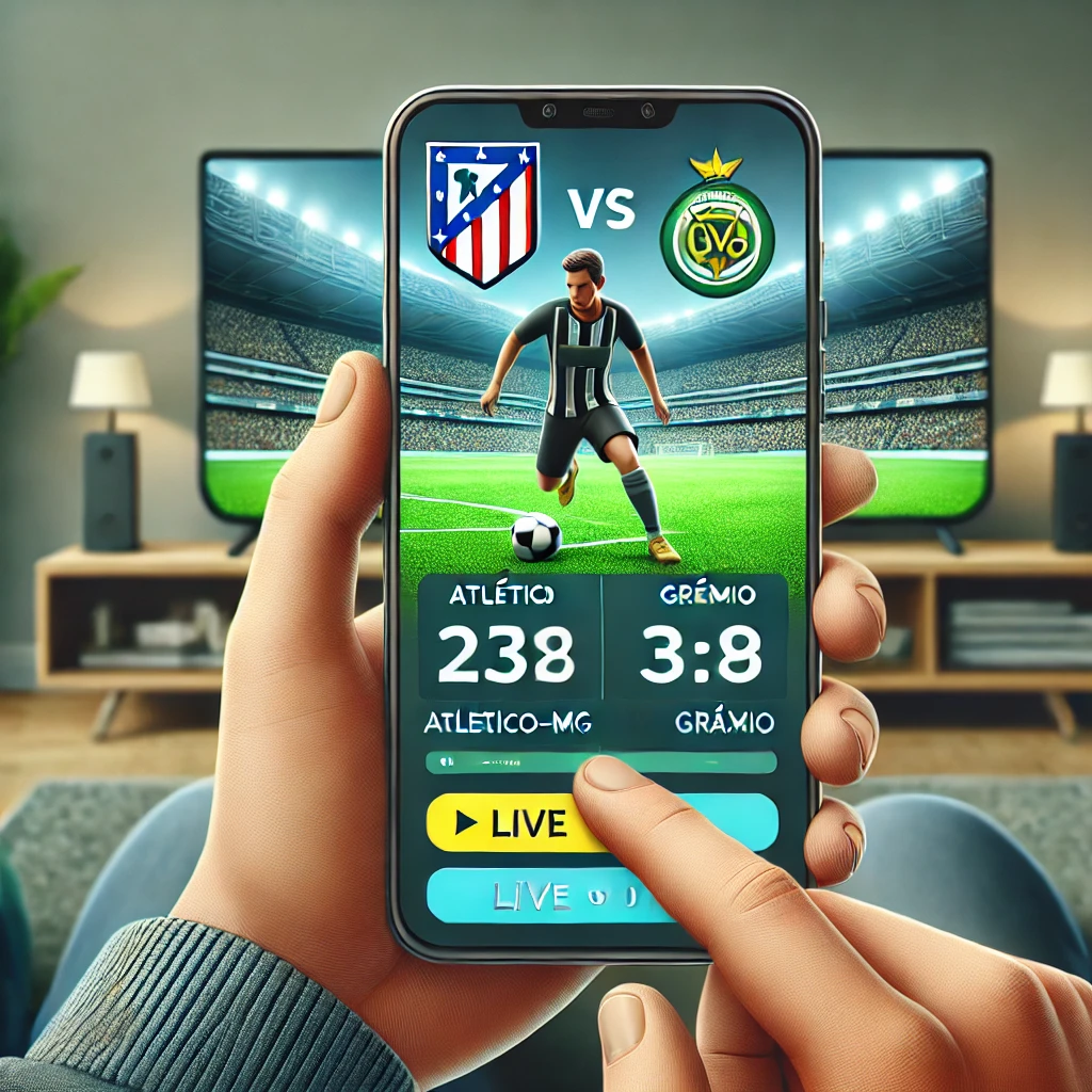 Ilustração digital de uma pessoa segurando um smartphone que exibe a transmissão ao vivo de um jogo entre Atlético-MG e Grêmio, com uma interface de aplicativo de futebol.