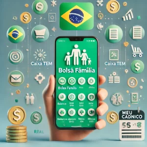 Imagem mostrando um smartphone com os aplicativos Bolsa Família, Caixa Tem e Meu CadÚnico, com ícones da bandeira do Brasil, símbolos do Real e uma silhueta de família ao fundo, representando assistência social.