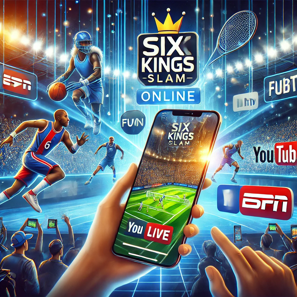 Imagem mostrando dispositivos móveis transmitindo o Six Kings Slam ao vivo, com ícones de aplicativos de streaming como ESPN, DAZN, FuboTV e YouTube, e elementos que lembram um estádio cheio de ação e energia.