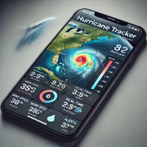 Imagem de um celular exibindo a interface do aplicativo Hurricane Tracker, com um mapa meteorológico detalhado mostrando a trajetória projetada de um furacão e dados em tempo real, como velocidade do vento e pressão.