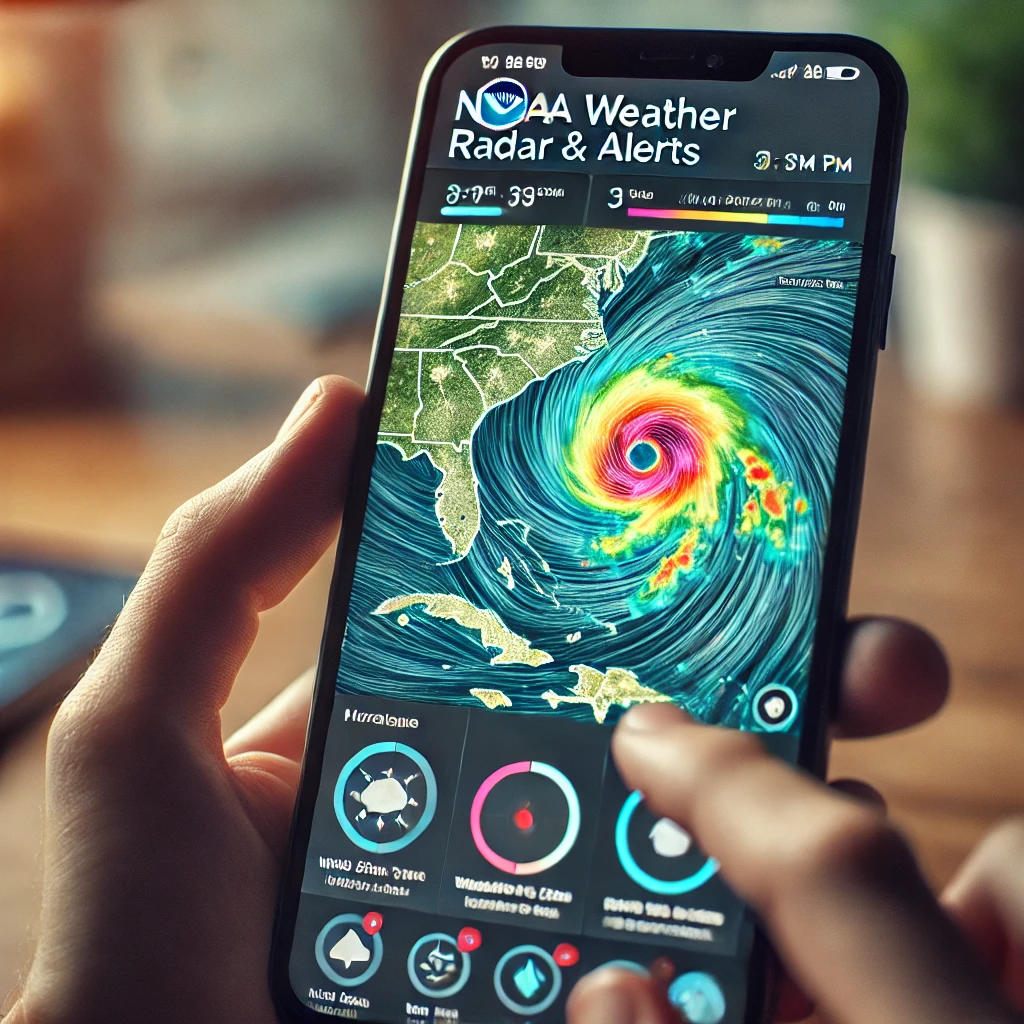 Tela de smartphone exibindo o aplicativo NOAA Weather Radar & Alerts, com um mapa de radar mostrando a trajetória de um furacão. A interface do aplicativo apresenta camadas de dados meteorológicos, como velocidade do vento e precipitação, com cores brilhantes indicando áreas de intensa atividade.