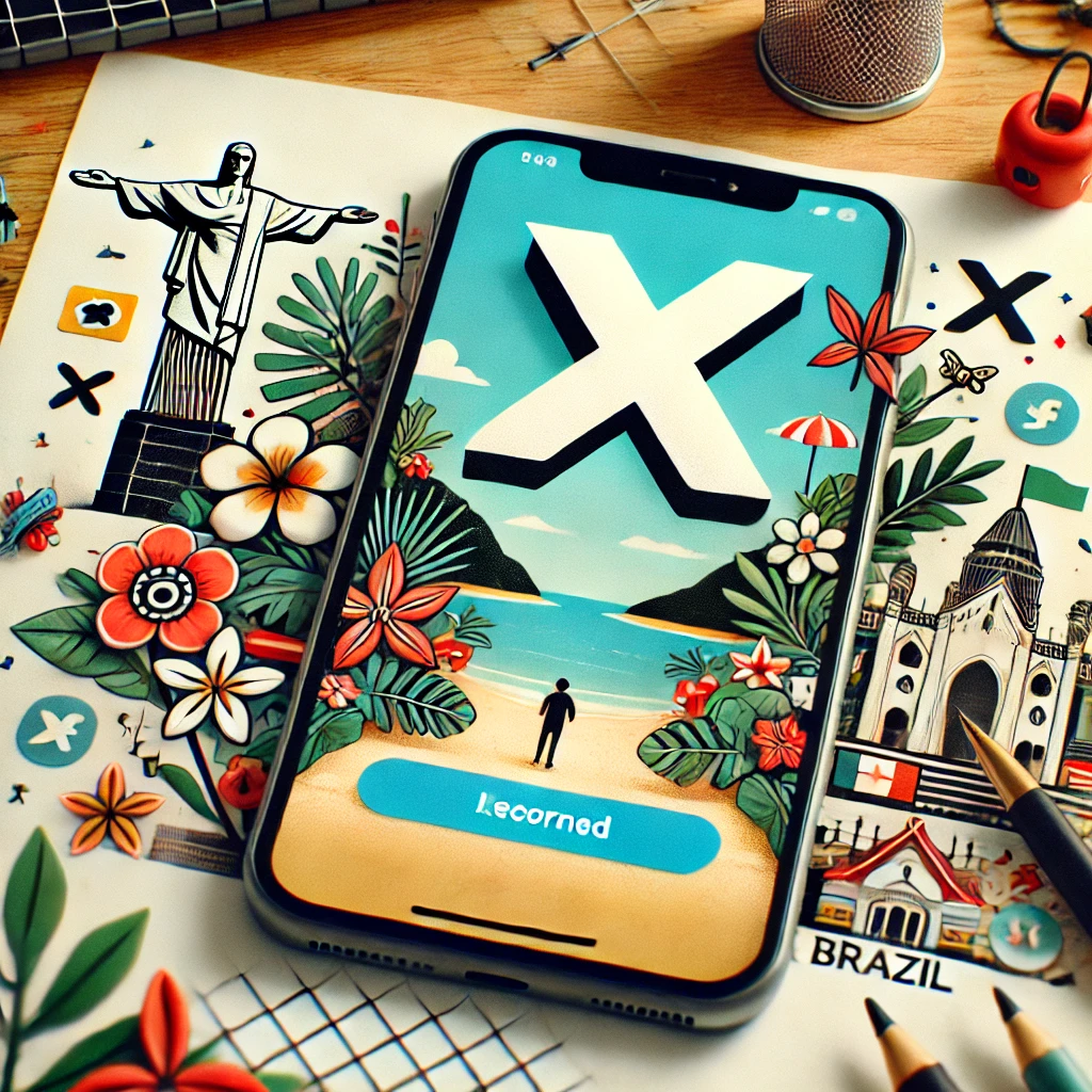 Ilustração digital mostrando o retorno do X (antigo Twitter) ao Brasil, com um smartphone exibindo o logotipo do X e uma interface de mídia social, com o Cristo Redentor ao fundo.