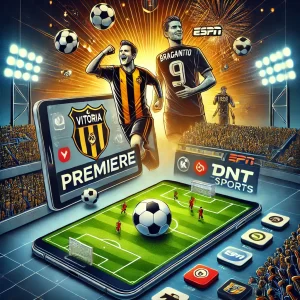 Imagem mostrando smartphones e tablets transmitindo ao vivo uma partida de futebol entre EC Vitória e Bragantino, com ícones de aplicativos como Premiere, ESPN, DAZN e TNT Sports ao fundo, representando opções de streaming para assistir ao jogo online.