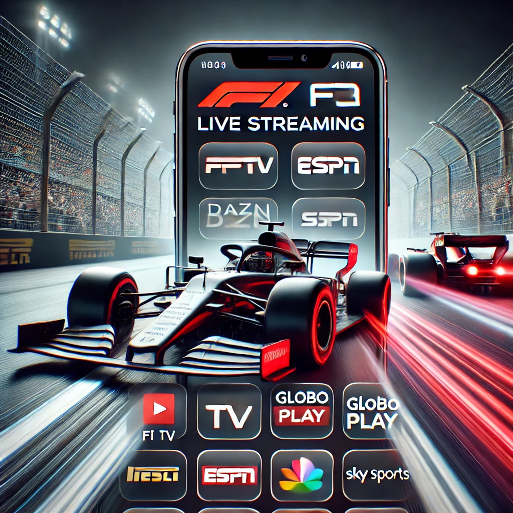 Imagem mostrando um smartphone exibindo vários aplicativos de corrida para assistir Fórmula 1, como F1 TV, ESPN, DAZN, Globo Play e Sky Sports, com um carro de Fórmula 1 correndo em um fundo de pista.