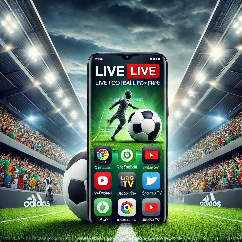 Imagem mostrando um smartphone exibindo vários aplicativos de futebol ao vivo, como OneFootball, Live Soccer TV, Globo Play, La Liga Sports TV e Arena4Viewer, com um estádio e fãs torcendo ao fundo.