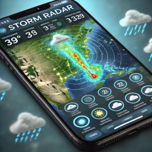 Imagem de um celular exibindo a interface do aplicativo Storm Radar, com um mapa meteorológico mostrando uma animação de radar de uma tempestade, incluindo intensidade de chuva, cobertura de nuvens e trajetória prevista.