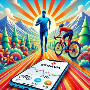 Ilustração digital de uma pessoa correndo em uma trilha vibrante com montanhas ao fundo, ao lado de um ciclista em um dia ensolarado. Um smartphone em primeiro plano exibe a interface do aplicativo Strava, simbolizando um estilo de vida ativo